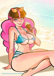 1girls barefoot beach big_breasts bikini blue_bikini blue_eyes blue_swimsuit breasts brown_hair glasses_on_head holding_ice_cream illuxxxtrandy light-skinned_female looking_at_viewer pink_highlights smile smiling smiling_at_viewer solo solo_female sunglasses_on_head swimsuit thick_thighs thighs