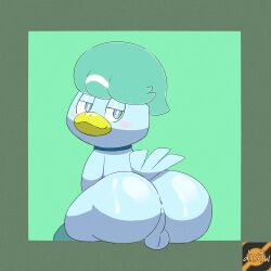 2022 anatid anseriform anthro anus ass avian balls beak big_butt bird blue_body blush bodily_fluids cum cum_on_butt darknsfwindie digital_media_(artwork) duck fan_character feathers genital_fluids genitals half-closed_eyes hi_res looking_back male narrowed_eyes nintendo pokémon_(species) pokemon pokemon_sv quaxly roy_the_quaxly solo tail_feathers video_games