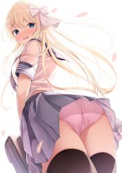 1girls ass bangs black_legwear blonde_female blonde_hair blue_eyes blush bow highres holding legwear long_hair looking_at_viewer looking_back nekokobushi original panties pleated_skirt sailor_collar school_uniform serafuku simple_background skirt skirt_lift sweat thighhighs thighs underwear white_background