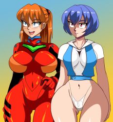 2girls alcione asuka_langley_sohryu big_breasts blue_hair bodysuit breasts child_bearing_hips curvy duo female human light-skinned_female light_skin long_hair neon_genesis_evangelion no_pants no_skirt orange_hair pale-skinned_female pale_skin panties pilot_suit plugsuit rei_ayanami school_uniform short_hair tagme thick_thighs thigh_gap thong wide_hips