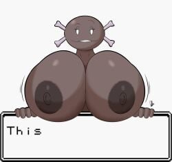 absurd_res amphibian anthro big_breasts black_nipples breasts brown_body coffee_demon female hi_res huge_breasts looking_at_viewer nintendo nipples paldean_form paldean_wooper pokémon_(species) pokemon smile solo text text_box video_games wooper