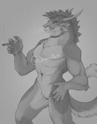 2022 4_ears 4_horns anthro charr cigarette claws dagos fangs felid female finger_claws flat_chested genitals grey_background greyscale guild_wars hi_res horn mammal monochrome multi_ear multi_horn navel pussy simple_background smile smoking smoking_cigarette solo video_games