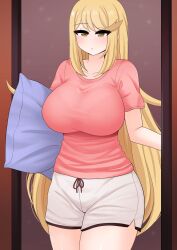 blonde_hair breasts large_breasts long_hair mythra nintendo pajamas pillow pink_shirt shirt shorts the_only_shoe white_shorts xenoblade_(series) xenoblade_chronicles_2 yellow_eyes