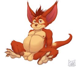 anthro balls belly big_belly chua claws erection fennephilim_fox fur genitals gusho hair hands_behind_back looking_at_viewer male multicolored_body multicolored_fur nipples nude overweight overweight_male penis red_body red_fur red_hair simple_background sitting smile solo spread_legs spreading two_tone_body two_tone_fur wildstar