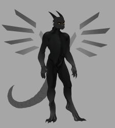 2022 absurd_res anthro black_body black_scales bulge clothed clothing digital_media_(artwork) dragon erection genitals hi_res horn looking_at_viewer male metallic_wings neoprene penis rubber rubber_clothing rubber_suit scales scalie smile solo thal_verscholen tight_clothing wanderertamplior western_dragon wings yellow_eyes