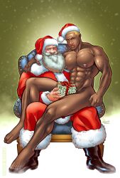 2boys abs byron_durand christmas class_comics dark-skinned_male dark_skin gay long_beard male male_focus male_only melanin muscles muscular muscular_male old_man patrick_fillion pecs santa_claus sitting_on_lap space_cadet white_hair