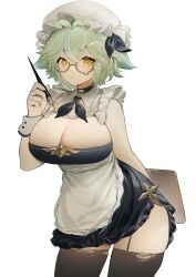 1girls alternate_breast_size apron arms_behind_back bare_arms black_legwear breasts cleavage garter_straps genshin_impact glasses green_hair hat highres holding huge_breasts legwear looking_at_viewer maid maid_apron maid_uniform multicolored_hair shibuya_(kurokamishain) short_hair short_skirt side_slit simple_background solo standing sucrose_(genshin_impact) thighhighs thighs white_background yellow_eyes