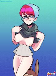 1girls artist_name azex blue_eyes blue_hair glasses looking_at_viewer nipples partially_clothed penny_(pokemon) pokemon pokemon_sv pussy_juice red_hair shirt_lift short_hair simple_background skirt solo solo_female standing two_tone_hair