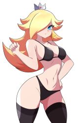 1girls 2022 abysswatchers bikini blonde_female blonde_hair blue_eyes breasts crown ear_piercing female female_only hair_over_one_eye hand_on_hip hi_res hips large_breasts light-skinned_female light_skin long_hair mario_(series) nintendo princess_rosalina simple_background slim_waist star_earrings thick_thighs thighhighs thighs white_background wide_hips