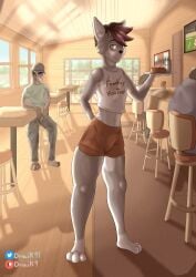 absurd_res anthro anthro_only bottomwear bulge bulge_fondling canid canine canis clothed clothing crop_top digital_media_(artwork) draik english_text femboy_hooters frottage fur girly grey_body grey_fur group hair hi_res hooters_uniform male mammal sex shaded shirt shorts text topwear wolf