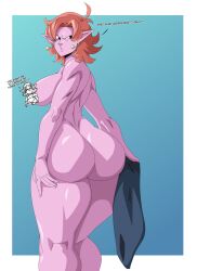 1girls angry ass back_view big_ass big_breasts big_butt black_eyes charge_sol chronoa dialogue dragon_ball dragon_ball_super dragon_ball_xenoverse elf_ears elf_female highres legs looking_at_viewer looking_back milf nude nude_female pink_hair pink_skin pointy_ears short_hair sideboob solo tagme thick_ass thick_legs thick_thighs thighs you_may_spank_it_once_(meme)