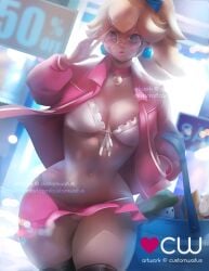 1girls blonde_female blonde_hair blue_eyes bra breasts choker cleavage coat coat_open customwaifus earrings eyelashes eyeliner female female_only frills glasses heart-shaped_sunglasses jacket large_breasts lingerie lipstick long_hair makeup mario_(series) miniskirt mushroom nintendo panties pattern_bra ponytail princess_peach shopping_bag skirt stockings store super_mario_bros.