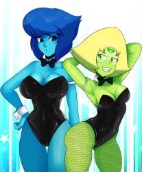 armpits arms_behind_head arms_up athletic_female blue_skin bob_cut bunny_girl cartoon_network gem_(species) green_skin lapis_lazuli_(steven_universe) peridot_(steven_universe) presenting_armpit presenting_armpits sonson-sensei steven_universe