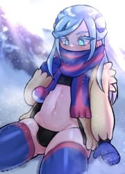 1boy blue_eyes blue_hair blush btms666 bulge femboy game_freak girly gloves grusha_(pokemon) legwear long_hair looking_down male male_focus male_only navel nintendo pokemon pokemon_(game) pokemon_sv scarf solo thick_thighs thighhighs thighs visible_breath