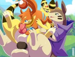 absurd_res alleros_(howlingampharos) ampharos anal anal_sex animal_genitalia ass balls big_balls big_butt big_tail black_penis buizel cleff_(yellyxp) feral generation_2_pokemon generation_4_pokemon genitals group hi_res holding_butt knot male male/male nikkibunn nintendo oral penetration penis pokemon pokemon_(species) raised_leg risen trio typhlosion video_games