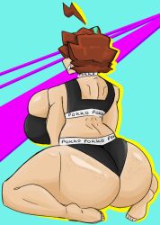 1girls 80's_theme ass big_ass big_breasts breasts brown_hair clothing delta_(shewiff) facing_away freckles grinning gym_bra highlight huge_ass huge_breasts large_ass large_breasts original original_character partially_clothed shewiff sitting solo thick_thighs wide_hips