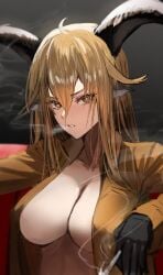 1girls animal_ears arknights blonde_hair cigarette degenbrecher_(arknights) female female_only horn/wood light-skinned_female light_skin looking_at_viewer raw_egg_lent serious smoke smoking