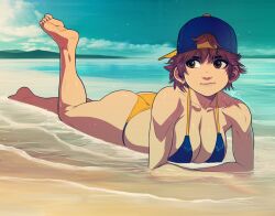 1girls ass barefoot baseball_cap beach big_breasts bikini brown_eyes brown_hair bubble_butt busty capcom cleavage feet fit_female large_breasts lying_on_stomach pose posing sakura_kasugano seaside short_hair smile soles street_fighter the_pose tomboy triplexmile wet