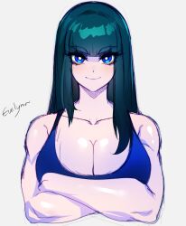 bangs big_breasts bladechan28 blue_eyes blunt_bangs breasts chef033 cleavage crossed_arms evelynn_(chef033) female large_breasts oc original turquoise_hair