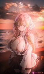 areola_slip bangs beach big_breasts blush braided_hair cfdmaikin cleavage demon_slayer edit female female_only green_eyes haori kanroji_mitsuri kimetsu_no_yaiba long_hair looking_at_viewer mole_under_eye no_bra open_shirt outside pink_hair pleated_skirt sak_(lemondisk) solo sweat sweaty thighhighs two_tone_hair uniform