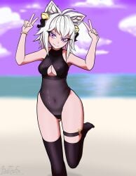 1girls beach bedtimefox boob_window breasts cleavage cleavage_window double_peace_sign female female_focus female_only filian filian_(vtuber) full_color hourglass_figure indie_virtual_youtuber leg_up leotard pose posing purple_eyes purple_sky thick_thighs thighhighs twitch virtual_youtuber white_hair