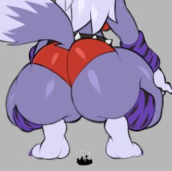 absurd_res anthro arm_warmers armwear ass big_butt bottomwear bubble_butt canid canine canis city clothing crouching english_text female five_nights_at_freddy's five_nights_at_freddy's:_security_breach giantess grey_body hair hi_res huge_butt leg_warmers legwear macro mammal roxanne_wolf_(fnaf) scottgames shorts solo text thick_thighs video_games virito white_hair wolf