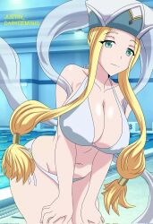 big_breasts bikini blonde_hair breasts busty curvy first_porn_of_character göndull_(shuumatsu_no_valkyrie) gondul_(shuumatsu_no_valkyrie) green_eyes hat huge_breasts justin_darkgeminis long_hair looking_at_viewer pool shuumatsu_no_valkyrie smile smiling tagme thick_legs