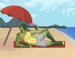 anthro beach clothing cloud hand_on_knee hand_on_leg hi_res hill lewd_latte lizard male mountain original_character public reptile sand scalie seaside shirtless solo sunny swimming_trunks swimwear tongue tongue_out umbrella water