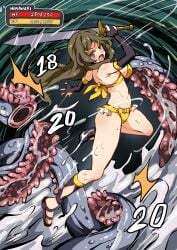 1girls angry arniro brown_eyes english_text fight gameplay_mechanics health_bar himawari_shinomiya long_hair monster multiple_monsters sandals sleeves slime sword text vore worm yellow_bikini