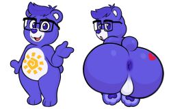 absurd_res acstlu anthro anus ass balls bedroom_eyes big_butt care_bears eyewear fan_character fur genitals glasses hair hi_res kneeling looking_at_viewer looking_back looking_back_at_viewer male male_only mammal narrowed_eyes open_mouth open_smile pawpads paws purple_body purple_eyes purple_fur purple_hair purple_nose seductive simple_background smile solo standing ursid white_background white_body white_fur