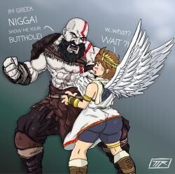 2boys angel angel_wings angry_face armband ass beard big_ass big_butt blush brown_hair crossover dialog dialogue digital_media_(artwork) dominant_male duo femboy flower_crown fully_clothed gauntlets gay god_of_war grabbing_shirt greek greek_clothes hi_res highres imminent_rape imminent_sex kid_icarus kid_icarus_uprising kojoarts kratos larger_male leaf_crown leg_band light-skinned_male male male/male male_only meme muscular muscular_male naughtypaw_(artist) nintendo no_nude pit_(kid_icarus) scar smaller_male submissive_male text the_n_word ttherandom tthrandom tthrandom_rp yaoi