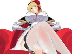 2022 armor big_breasts blonde_hair bo_wei cape charlotte_(heelfall) domination facesitting femdom game_cg headband heelfall larger_female sitting_on_face size_difference slave smaller_male stockings throne unseen_male_face