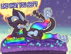 anthro balls black_body black_fur blue_ears blue_pawpads blue_paws blue_penis blush claws clothing dialogue fur fusion genitals head_on_hand hi_res justiceposting knot legendary_pokemon legwear looking_at_viewer luxora luxray lying male multicolored_clothing multicolored_legwear nintendo on_side open_mouth open_smile pawpads penis pokémon_(species) pokémon_fusion pokemon pokemon_(species) rainbow_clothing rainbow_legwear raised_leg red_nose red_sclera smile solo teasing text video_games white_claws yellow_eyes yellow_inner_ear zeraora