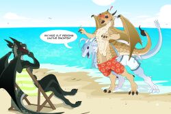 absurd_res animal_genitalia anthro assisted_exposure beach bikini clothing dragon embarrassed female genital_piercing genital_slit genitals group hi_res humiliation icewing_(wof) male moonwatcher_(wof) nightwing_(wof) pantsing piercing qibli_(wof) sandwing_(wof) scalie seaside slit speech_bubble swimming_trunks swimwear trio western_dragon wings_of_fire winter_(wof) yipthecoyotepup