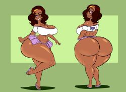 1girls ass big_ass big_breasts big_butt breasts brown_hair bubble_butt butt clothing dark-skinned_female dark_skin dat_ass ear_piercing earrings fat_ass female female_only glasses huge_butt kaboozle looking_at_viewer looking_back madhuri_(space_left) miniskirt piercing purple_eyes shirt shoes skirt solo space_left thick_thighs wide_hips