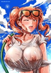 absurdres angel_gabriel. box_wonderland breasts d4dj eyewear_on_head female highres hose huge_breasts large_breasts nail_polish nipples one_eye_closed orange_hair seto_rika shirt sky solo sunglasses twintails upper_body wet wet_clothes wet_shirt yellow_eyes