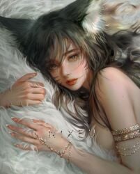 1girls ahri breasts female female_only fluffy fluffy_tail fox_ears fox_tail hi_res hugging_tail league_of_legends light-skinned_female light_skin medium_breasts nixeu nude nude_female painting_(artwork) realistic sideboob solo