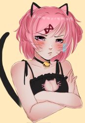 1girls arms_crossed bare_shoulders blush blush_lines blushing cat_cutout cat_ears cat_keyhole_bra cat_lingerie cat_panties cat_tail cleavage cleavage_cutout doki_doki_literature_club female female_only lingerie meeleemtr_(artist) natsuki_(doki_doki_literature_club) pink_eyes pink_hair solo tail whiskers