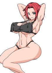 1girls armpits arms_up big_ass big_breasts blue_eyes blush clenched_teeth code_geass erect_nipples female female_focus female_only kallen_stadtfeld light-skinned_female muscular_female nipple_bulge partially_clothed red_hair sitting solo solo_female tagme teaindian underboob