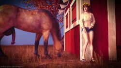 3d brown_hair clothed_female equine_penis hand_in_pants horse horse_penis horseballs horsecock hotpants life_is_strange light-skinned_female max_caulfield nonude penis shorts smolfrog3d spying testicles zoophilia