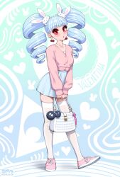 1girls :o big_eyelashes blue_hair bunny bunny_hair_ornament cardigan casual character_name cherry cute dated earrings fellatrix female female_only gradient_background hair hair_ornament hairclip heart hearts keychain lagomorph looking_at_viewer medium_breasts pattern_background ponytails purse red_eyes sex_toy simple_background skindentation skirt sneakers solo standing thighhighs twin_drills twintails valentina_(fellatrix) watermark white_legwear