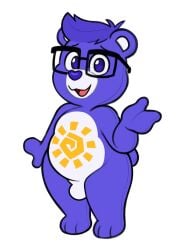 acstlu anthro bulge care_bears eyewear fan_character fur glasses hair hi_res looking_at_viewer male male_only mammal open_mouth open_smile paws purple_body purple_eyes purple_fur purple_hair purple_nose simple_background smile solo standing ursid white_background white_body white_fur