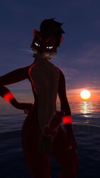 1boy 3d abs absurd_res absurdres animal_genitalia animal_genitals animal_penis anthro anthro_only balls boxpyro canid canine canine_genitalia canine_genitals canine_penis dark_image erect erect_penis erection fur furry furry_only glowing glowing_eyes glowing_markings hand_on_hip hi_res high_resolution highres knot looking_at_viewer male male_only muscular muscular_anthro muscular_male naked nude ocean penis pink_penis red_fur red_penis rexouium screenshot solo solo_focus sunset twitter url vr_media vrchat vrchat_avatar