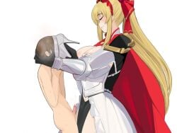 2022 armor big_breasts blonde_hair bo_wei cape charlotte_(heelfall) cum domination femdom game_cg headband heelfall larger_female shoes size_difference slave smaller_male smell thong unseen_male_face