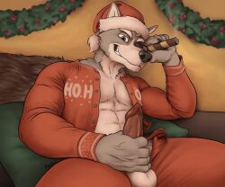 1boy animal_genitalia animal_penis anthro balls canine_penis christmas christmas_clothing christmas_headwear cigar clothing genitals hat headgear headwear holidays looking_at_viewer male male_only masturbation neverwolf nintendo pajamas penis santa_hat solo star_fox video_games wolf_o'donnell