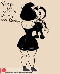 1boy 1girls alice_angel annoyed anthro beanontoast bendy bendy_and_the_ink_machine clothed dress english english_text female heels male patreon_username picking_up smile smiling speech thick_ass thick_thighs thigh_strap