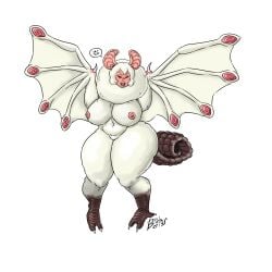 absurd_res angry anthro artist_name bat_ears bat_wings bendacriss big_breasts breasts capcom cross-popping_vein curled_tail dragon female flying_wyvern fur hi_res membrane_(anatomy) membranous_wings monster_girl_(genre) monster_hunter navel nipples paolumu pink_body pink_skin signature simple_background solo thick_thighs video_games white_background white_body white_fur white_wings wide_hips wings wyvern