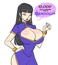 1girls big_breasts black_hair bracelets china_dress chinese_clothes chinese_dress clothed_female dialogue dragon_dynasty earrings eyeshadow female light-skinned_female lipstick long_hair pale-skinned_female payment purple_lipstick samson_00 solo solo_focus su_(samson) talking_to_viewer