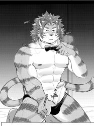 abs anthro bodily_fluids bow_tie breath chuurow clothing erection felid fur genital_fluids genitals hi_res lifewonders male male_focus male_only mammal monochrome muscular muscular_anthro muscular_male nipples nomad_(tokyo_afterschool_summoners) pantherine panting pecs penis precum solo striped_body striped_fur stripes stripper thong tiger tokyo_afterschool_summoners underwear undressing video_games