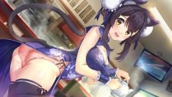 :d akasaai animal_ear_fluff animal_ears ass bangs black_hair black_thighhighs blue_dress blush breasts bun_cover cat_ears cat_girl cat_tail china_dress chinese_clothes cleavage cleavage_cutout clothing_cutout double_bun dress female game_cg hair_between_eyes hair_bun hair_ornament hairclip high_collar highres holding holding_teapot indoors kaede_(nekomiko) large_breasts looking_at_viewer monster_girl nekomiko official_art open_mouth panties pantyshot pelvic_curtain pink_panties side_slit sidelocks smile solo standing tail tail_raised teapot teeth thighhighs thighs underwear upper_teeth upskirt wrist_cuffs yellow_eyes